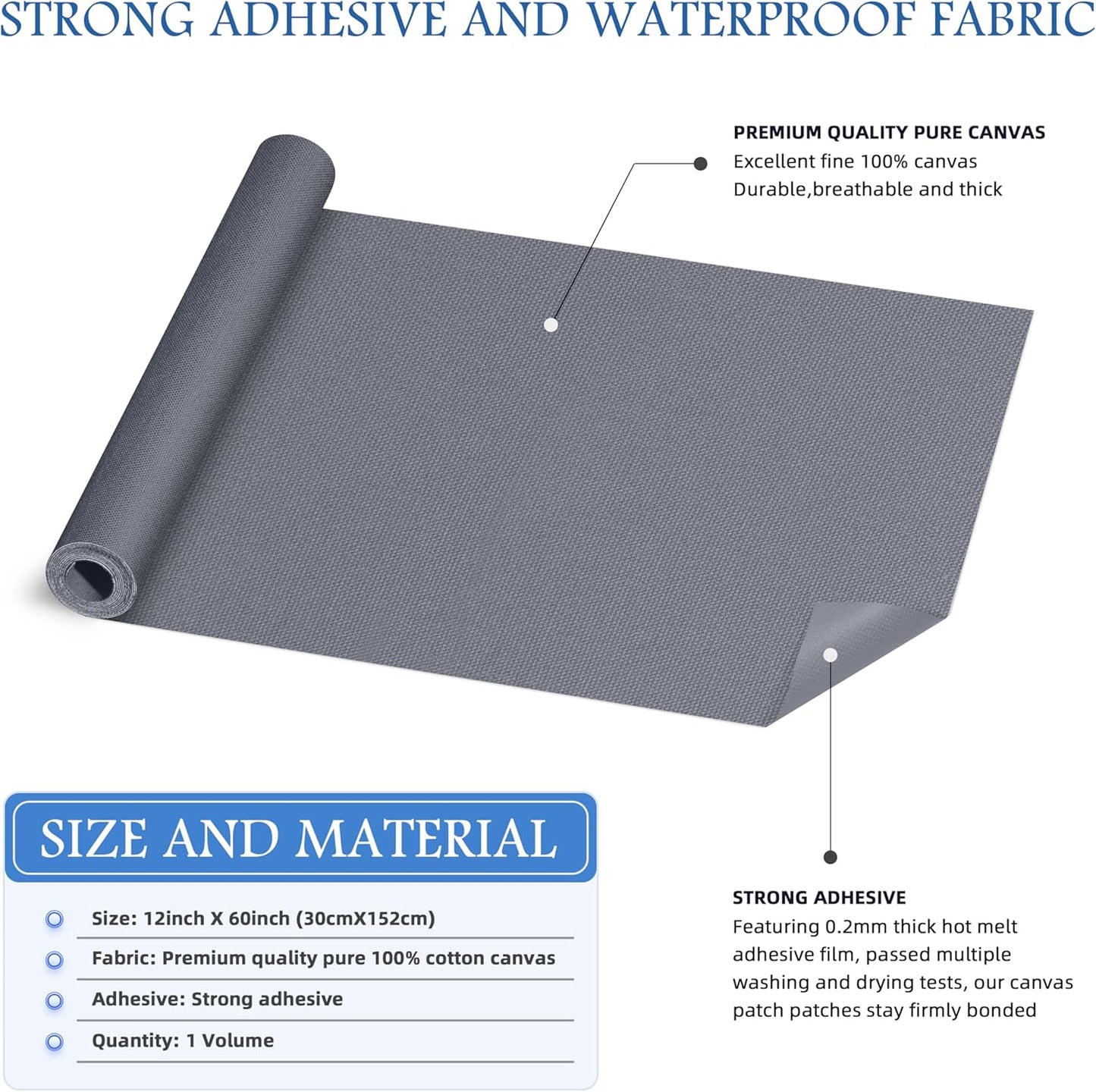 KING MOUNTAIN Canvas Iron on Patch,12"×60",Waterproof 100% Cotton Fabric Repair Patch,Used for Various Sofa,Tent,Clothes,Seats,Suitcases (Grey1.0,Waterproof)