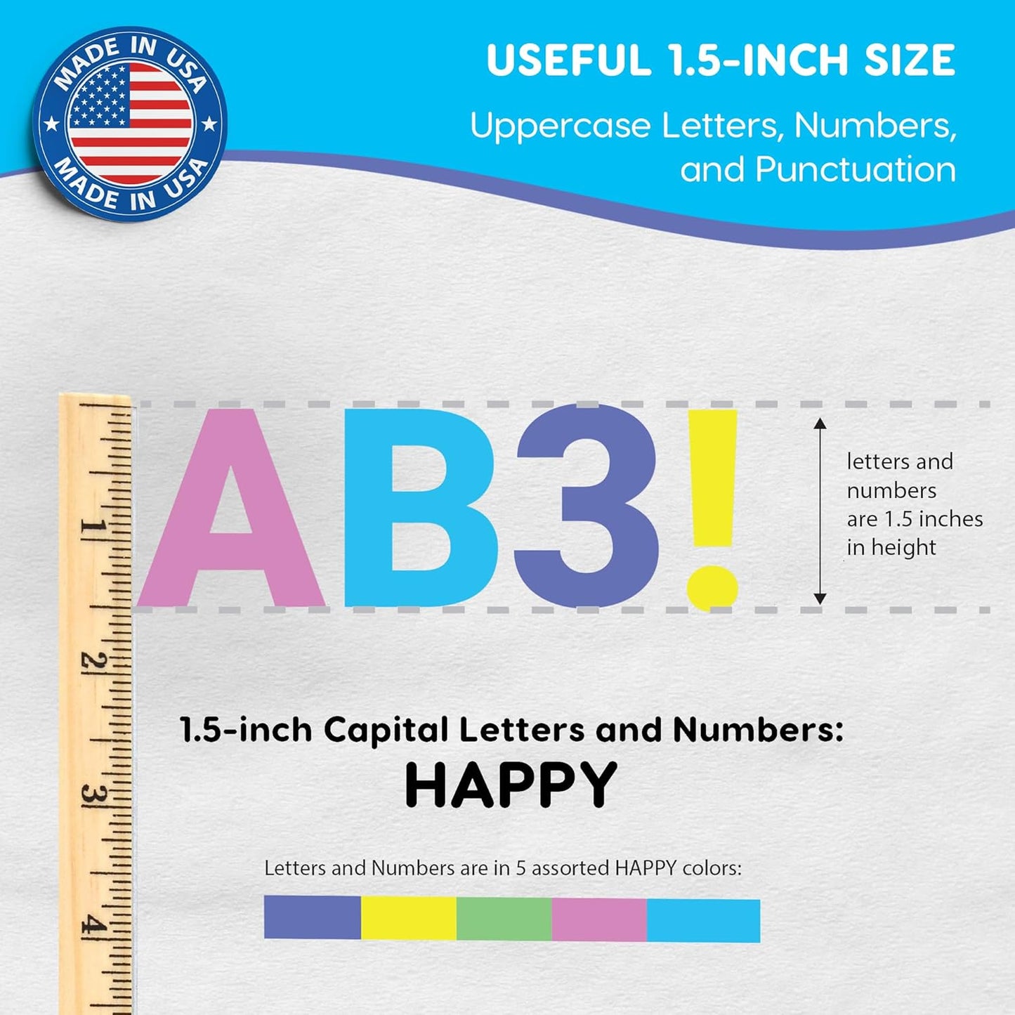 FreshCut Crafts 636 Pcs 1.5 in. Happy Colors Bulletin Board Letters & Numbers, Capital Alphabet, Numbers, Punctuation, US Made Card Stock Punch Out Letters for Posters, Bulletin Boards, Classroom