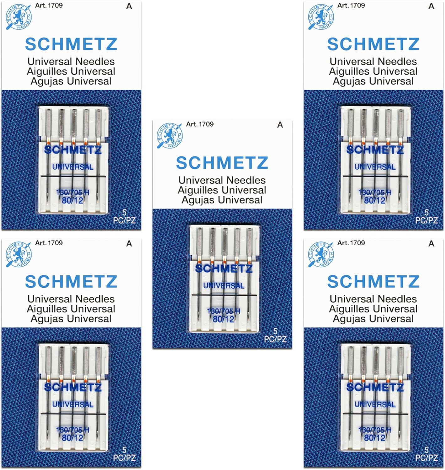 SCHMETZ Universal Sewing Machine Needles - Size 80/12, 5-Needle Cards, Pack of 5