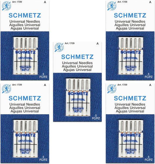 SCHMETZ Universal Sewing Machine Needles - Size 80/12, 5-Needle Cards, Pack of 5