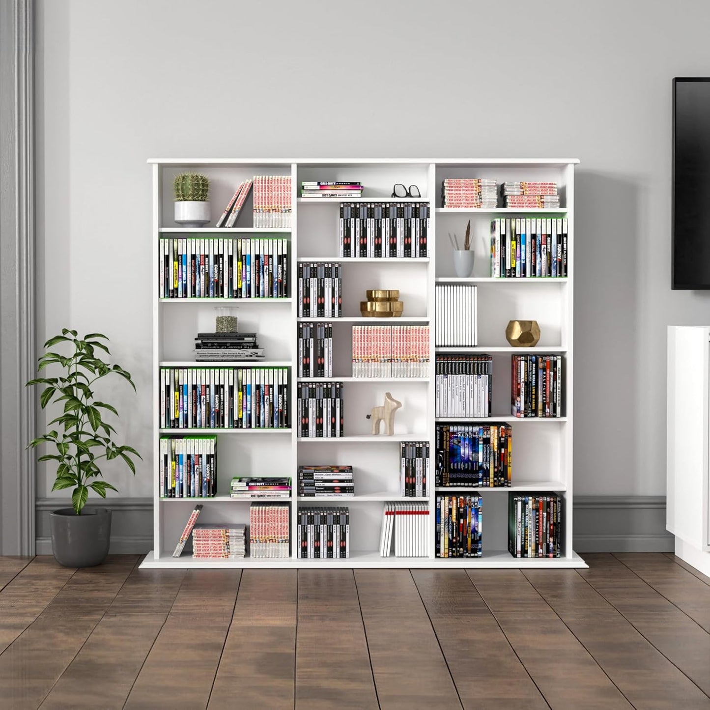 Prepac 3 Column 51" Tall White Display Multimedia Cabinet, Wood Media Storage with Removable Sheves, Modern Multimedia Storage Unit with 21 Adjustable Shelves for Books, DVDs and Collectibles, White