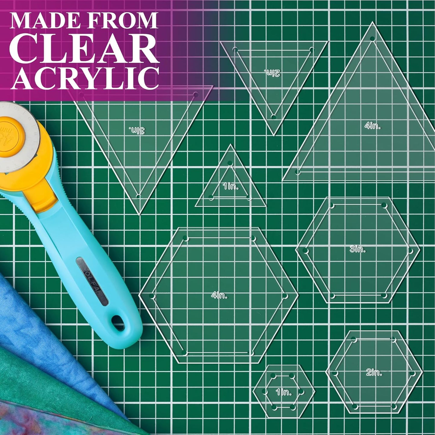 Quilting Acrylic Template Set | Precision Tools for Quilting Enthusiasts | Hexagon & Triangle Design | Includes Sizes 4", 3", 2", 1" | 1/8 Clear Acrylic | 1/4" Seam Allowance for Accuracy