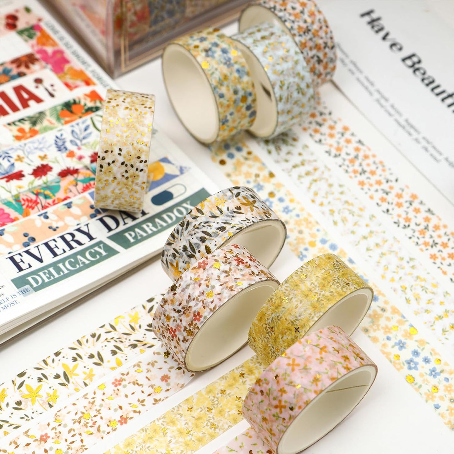 12 Rolls Charming Washi Tape Set Gold Silver Foil Detailing Arts Adhesive Tapes Basic Patterns Decorative Masking Tape Sets for Craft, Kids, Scrapbook, DIY, Gift Wrapping (Spring Bloom)