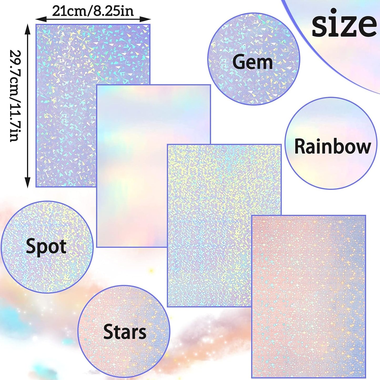 36 Sheets A4 Holographic Paper Sticker Transparent Waterproof Self Adhesive Film 11.7 x 8.3 Inches (Gem, Dot, Colorful, Star)