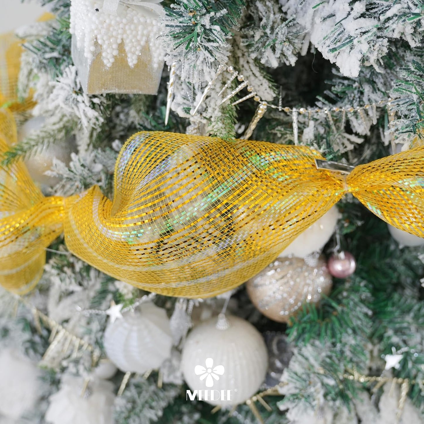 MEEDEE Gold Deco Mesh 10 Inch Deluxe Wide Foil & Iridescent Metallic Stripe Mesh Ribbon for Wreaths, Christmas Tree, Garland, Gift Wrapping, Bows Making (30 Feet)
