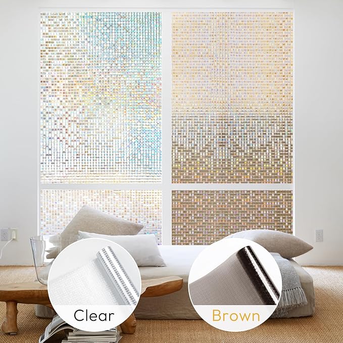 rabbitgoo Window Privacy Film Stained Glass Window Film, Mosaic Rainbow Decorative Glass Cling, Removable Static Cling Tint, Non-Adhesive Privacy Covering for Home, Brown, 35.4 x 118.1 inches