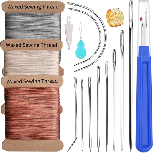 Upholstery Repair Kit, Thread Repair Sewing Kit and Upholstery Needle, 3 Colors 0.55mm Waxed Thread with 8 Pcs Heavy Duty Leather Needles for Hand Stitching, Canvas & Quilting