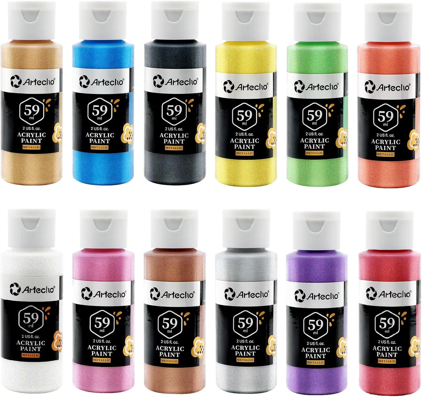 Artecho Acrylic Paint Set, 12 Metallic Colors Bottles (59ml / 2oz) Art Craft Paints for Canvas, Rock, Stone, Wood, Fabric, Art Supplies