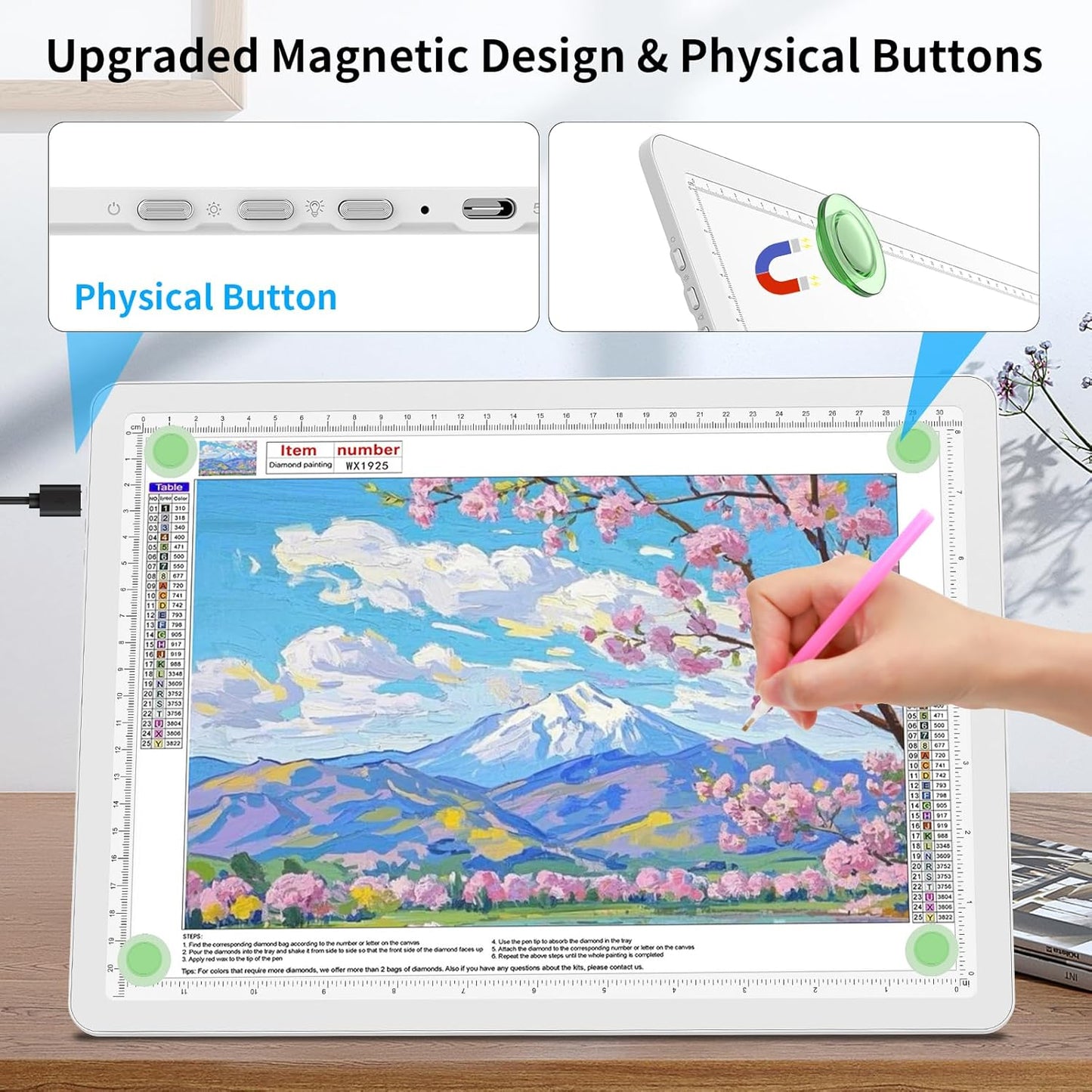 TOHETO A3 Light Board for Diamond Painting, Super Bright Magnetic Light Pad with Side Buttons, Lightbox for Tracing and Drawing, Corded Light Table for Sketching, Animation, Weeding Vinyl (White)