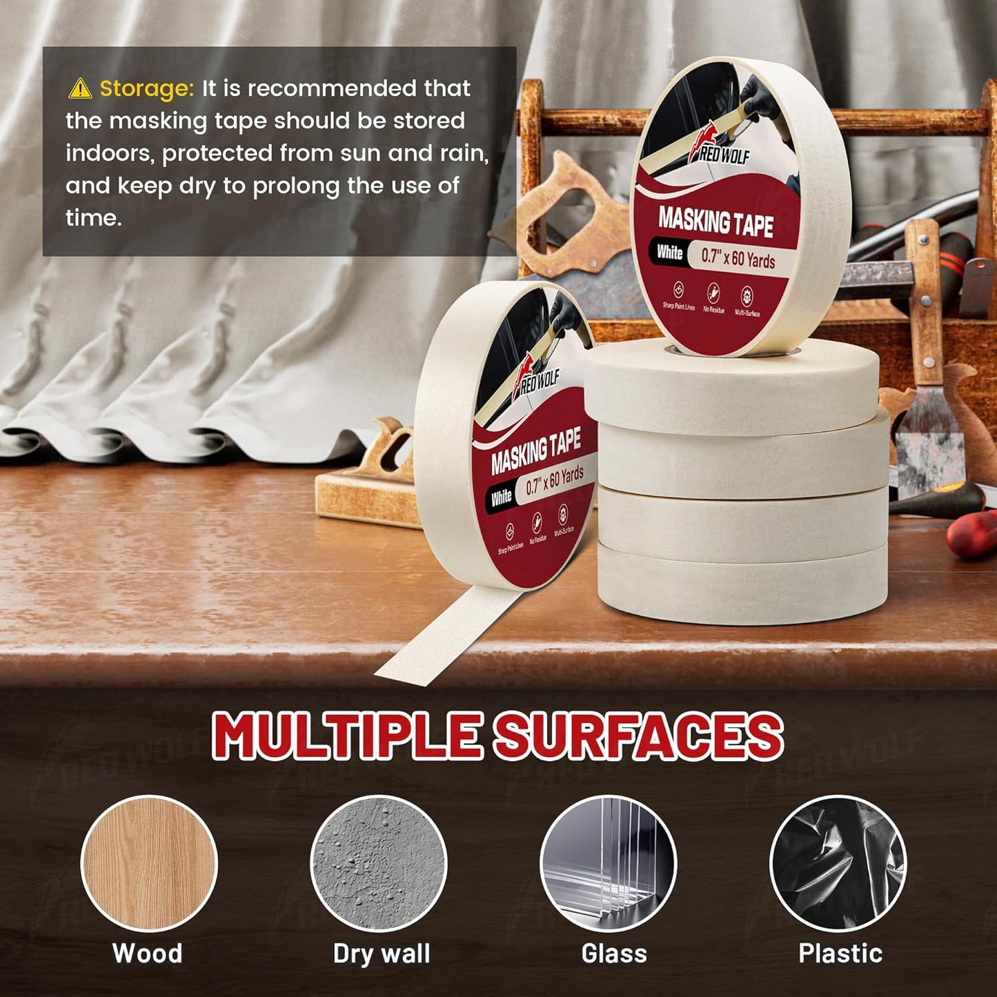 RED WOLF 0.94" x 60 Yards Masking Tape 3 Pack, General Purpose for Painting Arts Crafts Label Car Painting, Sharp Paint Line No Residue Painters Tape White Beige Crepe Paper Tape Heat Resistance