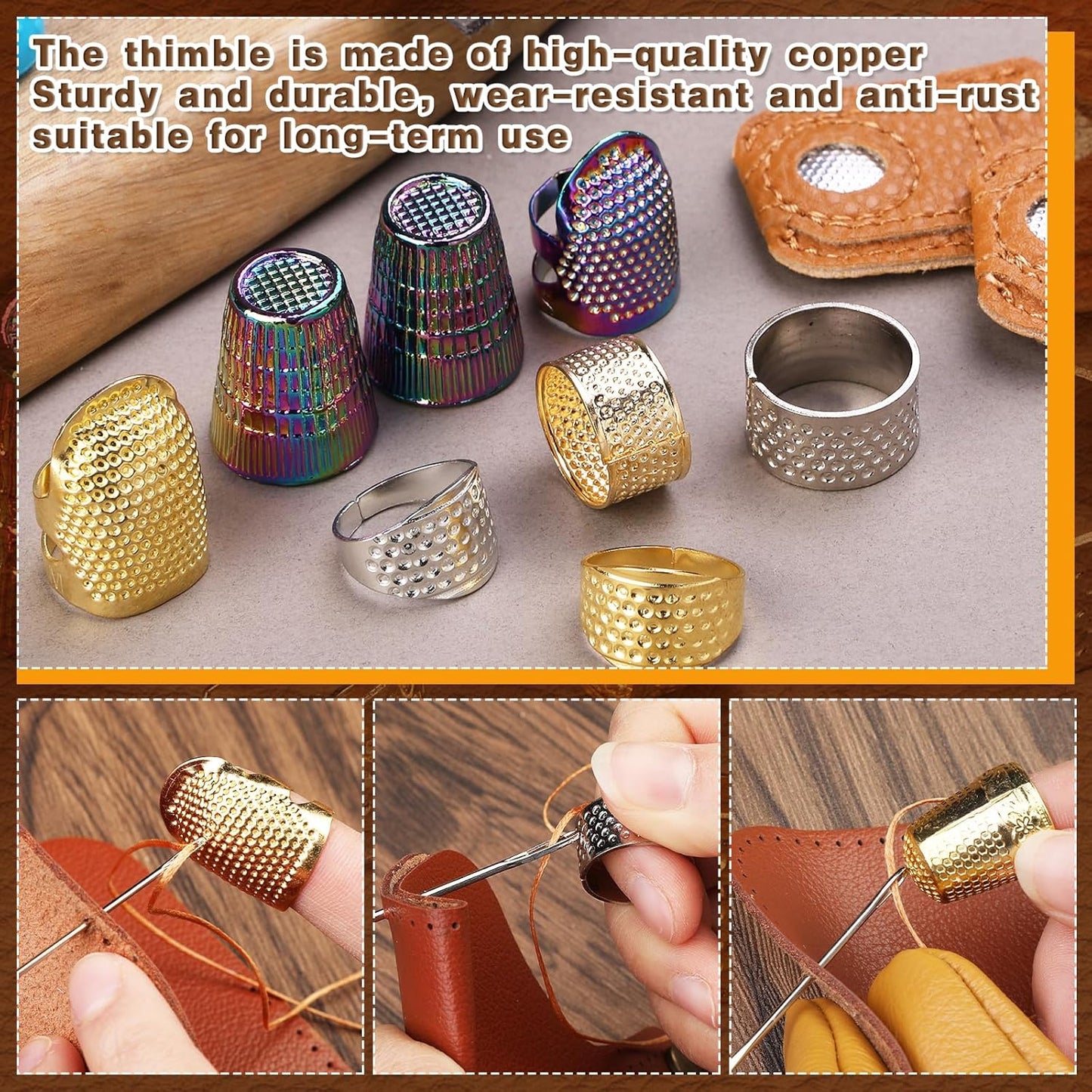 Ftyiwu Sewing Thimble, Hand Sewing Thimble with Storage Box, Adjustable Metal Sewing Thimble, Leather Finger Protector, DIY Hand Sewing Tool Accessories