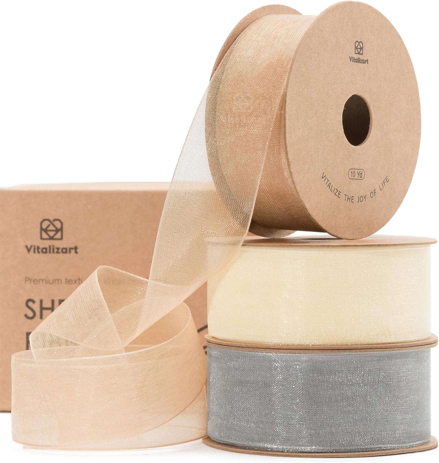 Vitalizart Organza Sheer Ribbon 1 inch x 30 Yd Cream White Rose Gold & Silver Handmade Fabric Ribbons for Gift Wrapping Christmas Tree Crafts Bows Wedding Invitations Wreaths Wrap