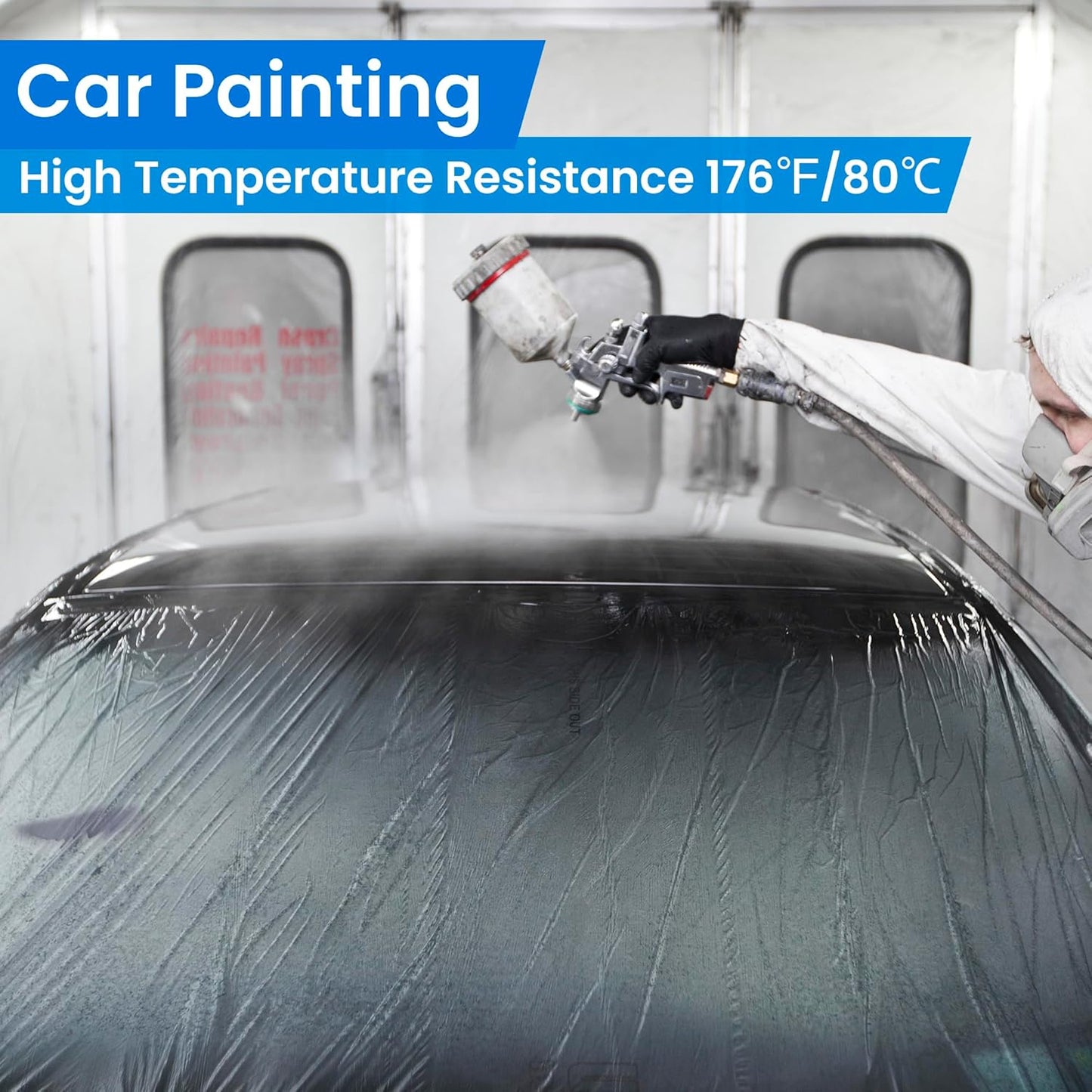 TAPEBEAR Upgrade Pre-Taped Masking Film Extra Thick, High Temp Tape and Drape 102" x 90', Plastic Cover for Automotive, Painting, Plastic Sheeting Masking Tape Film for Auto, Floor, Furniture, 4Rolls