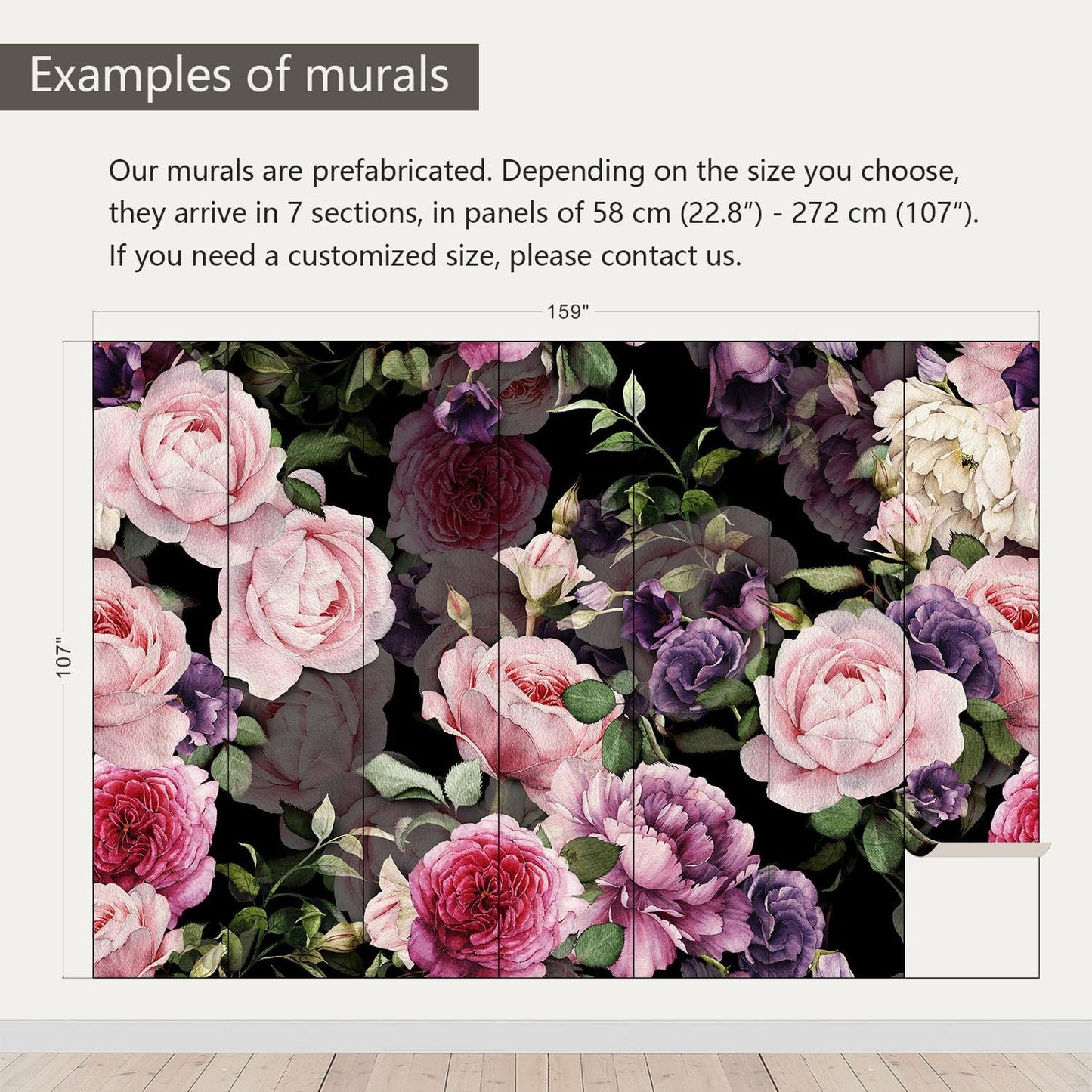 AFZEVEB-Black Watercolor Purple Peony Flower Wallpaper Wall murals for Bedroom 159"x107"(Not Peel and Stick)