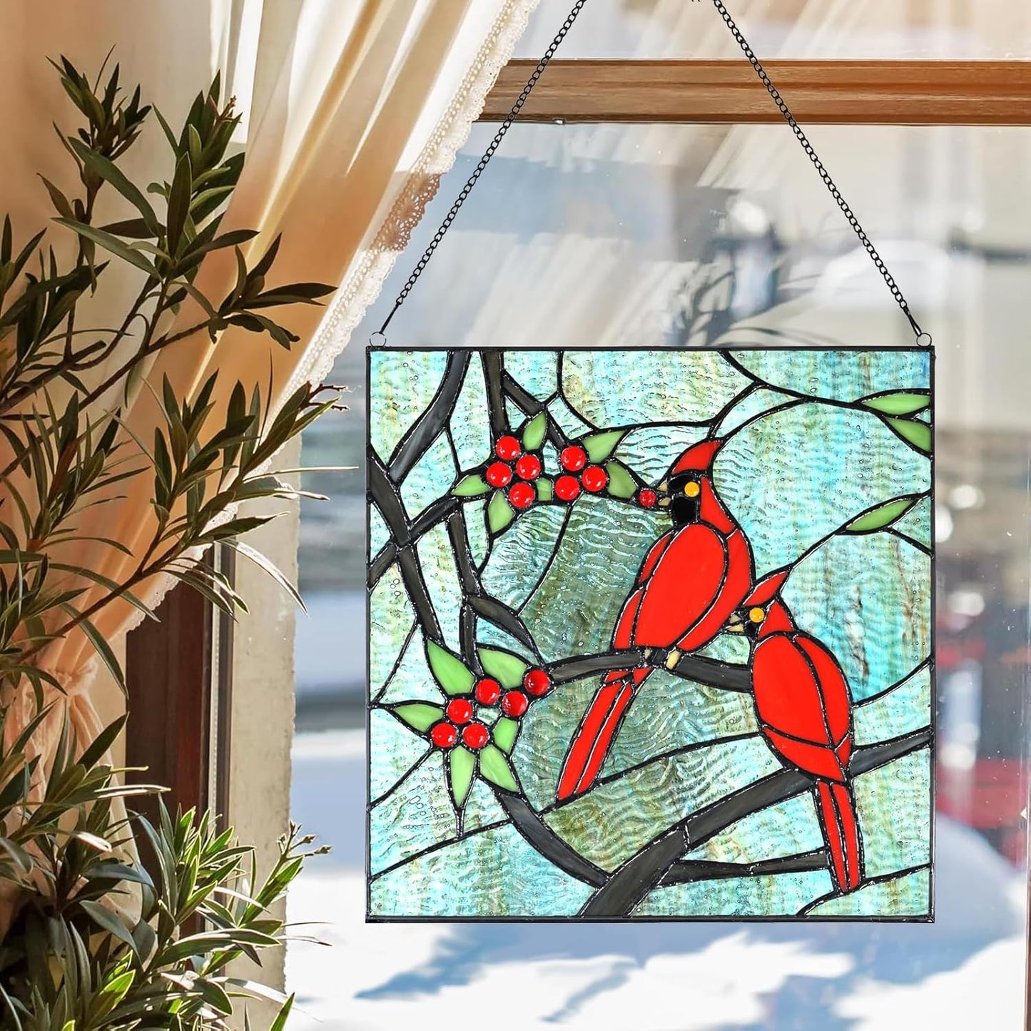 PA0008 Cardinal Stained Glass Window Panel- Tiffany Style Window Hanging- Red Bird Ornaments -12" Wx12 H Suncatcher- Wall Decorations for Home Office