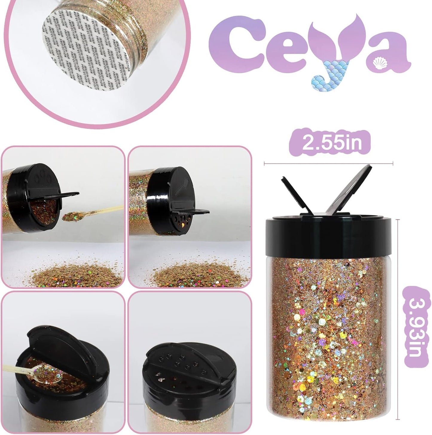 Ceya Holographic Chunky Glitter, 4.9oz/ 140g Diamond Gold Craft Glitter Powder Mixed Fine Flakes Iridescent Nail Sequins for Nail Art, Hair, Epoxy Resin, Tumblers, Slime, Painting, Festival Decor