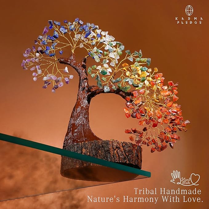 KARMAPLEDGE Crystal Tree of Life 7 Chakra Healing Crystal Trees for Home, Office Desk Decor, Handmade Bonsai Trees for Positive Energy, Money, Good Luck Birthday Gifts for Women, Mom (500 Beads)