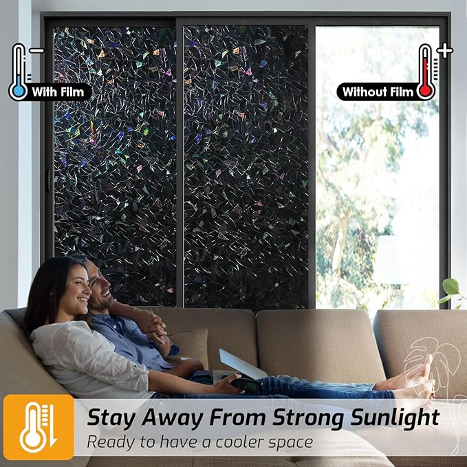 LUTE Black Out Window Film, Sun Light Blocking Window Film for Room Darkening Day Sleep, 100% UV Blocker Stained Glass Blackout Cover, Rainbow Black Out Shades Tint for Home, 35.4" x 118.1"
