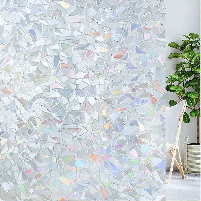 LUTE Window Privacy Film, Rainbow Window Flim, 3D Decorative Stained Glass Cling, Non-Adhesive Vinyl Static Cling UV Blocking Heat Control One Way Glass Covering for Home, Silver, 35.4 x 118.1 inches