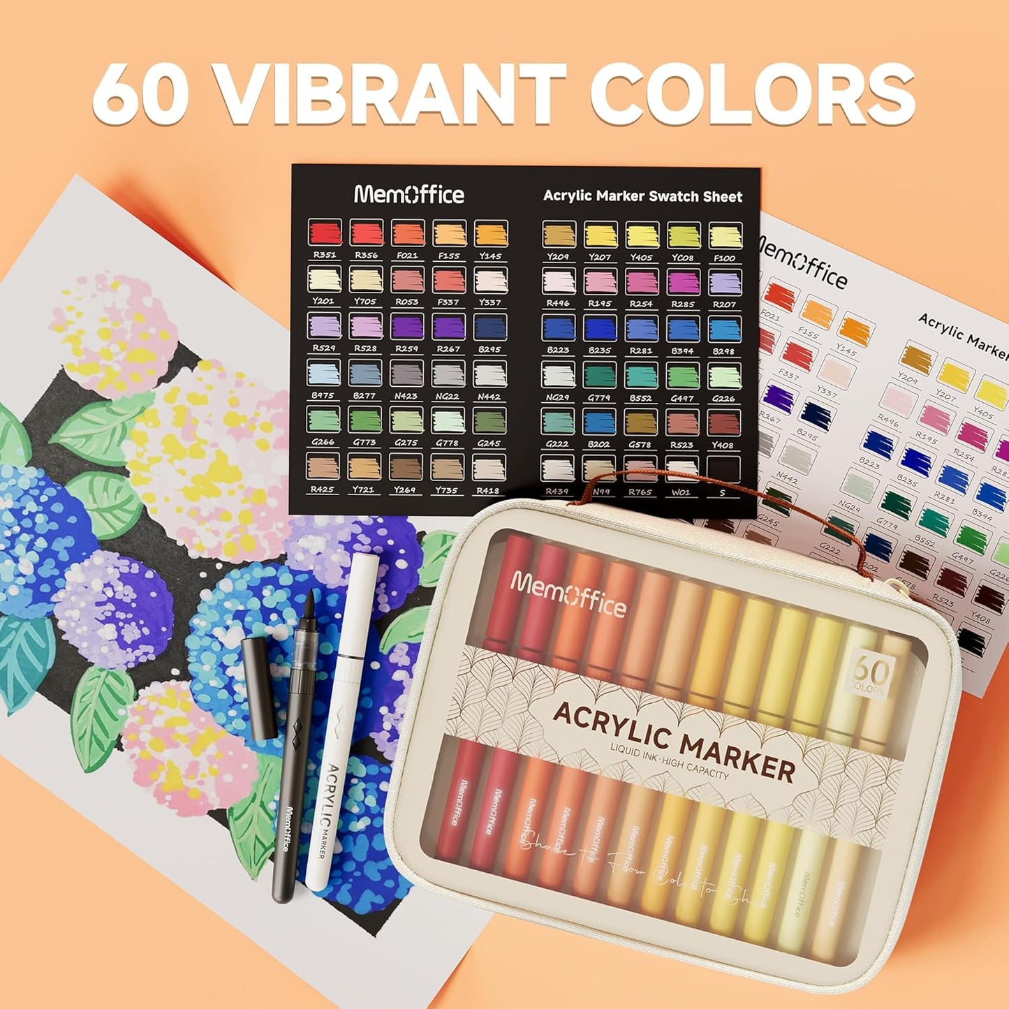 MemOffice Direct Liquid Acrylic Paint Markers, 60 Colors Brush Tip Pens with Carrying Case, No Bleed, Waterproof, for Rock, Wood, Canvas, Glass, Fabric, DIY Crafts for Adults & Kids