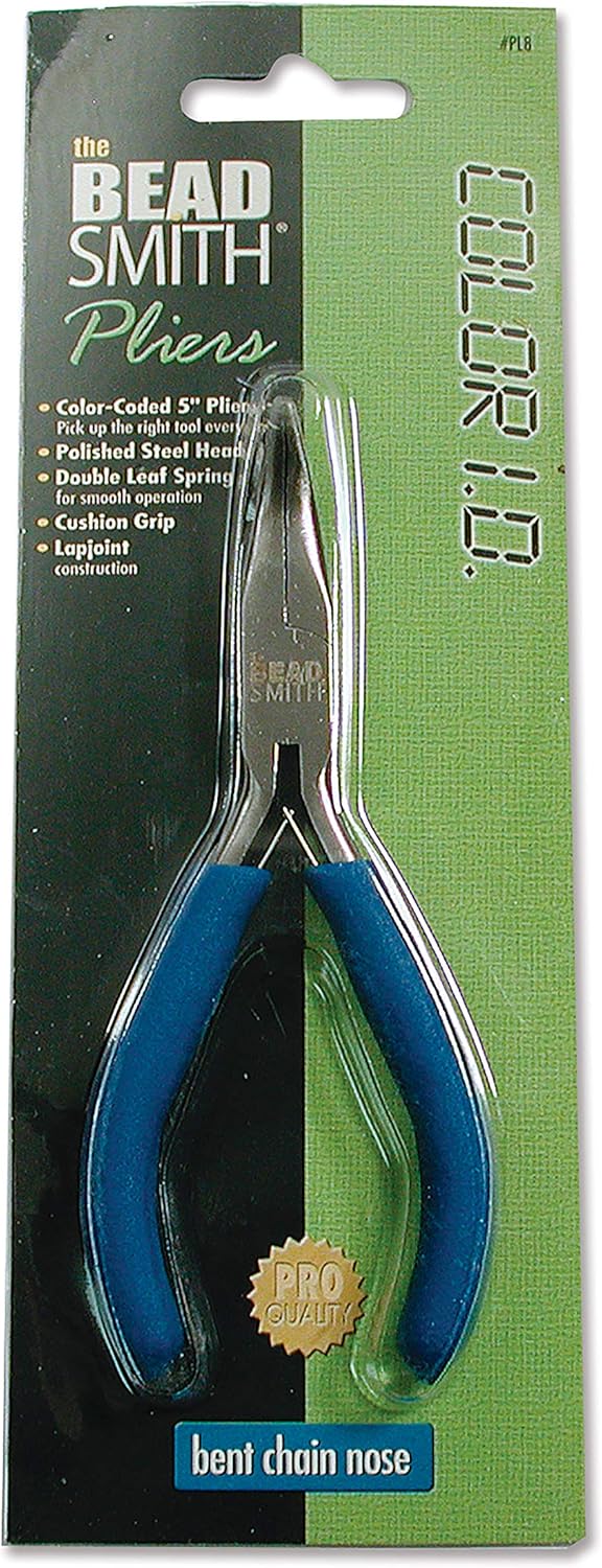 The Beadsmith Color-ID Bent Chain Nose Plier – 5 inches (127mm) – Blue Comfort Grip Handle – Polished Steel Head and Double-Leaf Spring - Tool for Jewelry Making