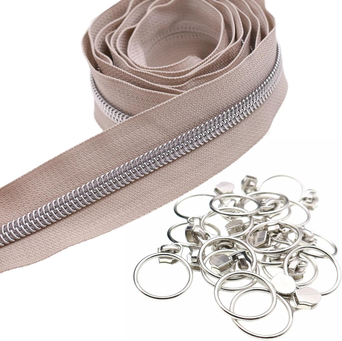 Leekayer #5 Silver Metallic Nylon Coil Zippers by The Yard Bulk 10 Yards Beige Zipper Tape with 25pcs Silver Ring Pull Sliders for DIY Sewing Tailor Craft Bag(Beige)