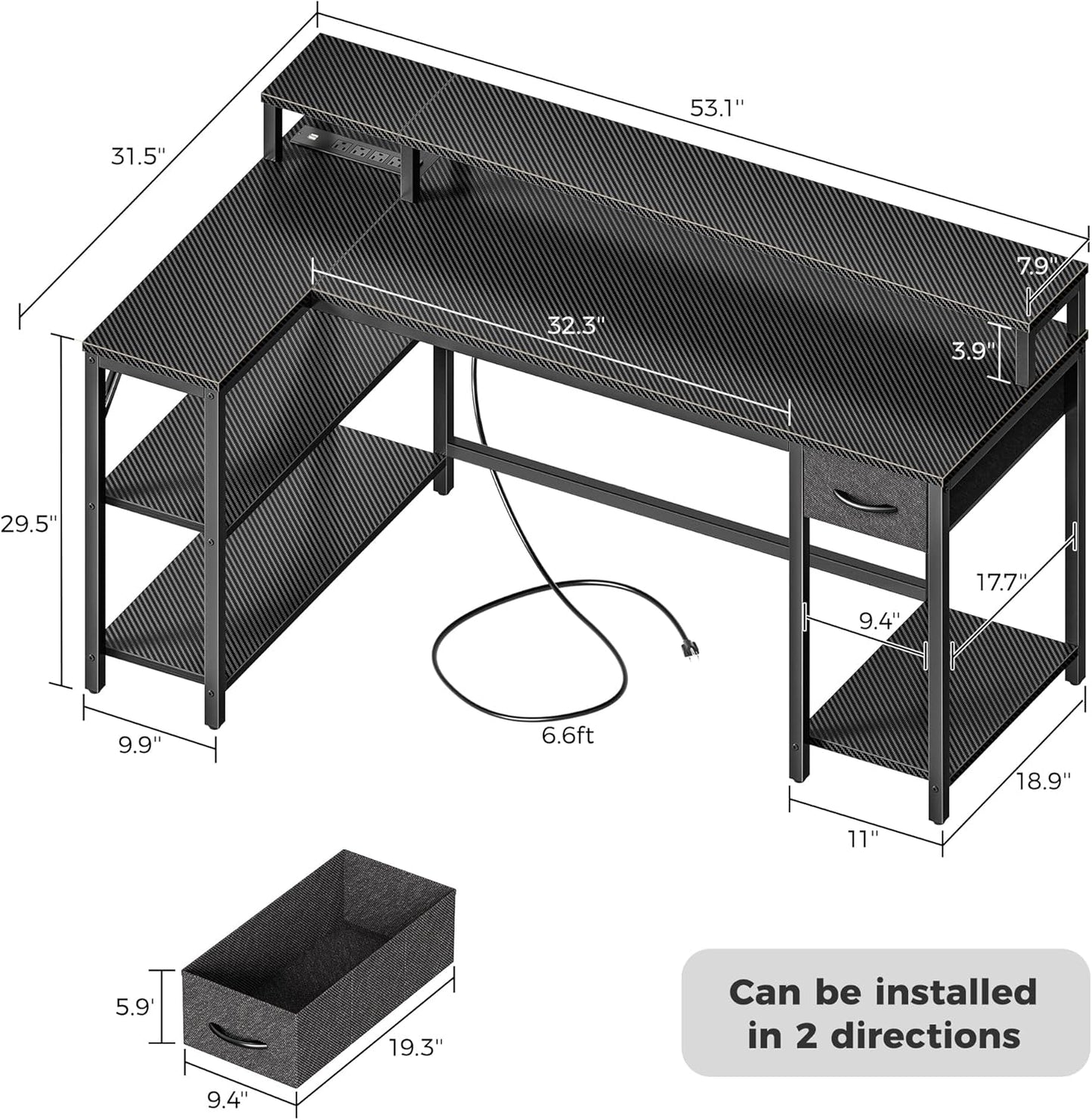 SUPERJARE 53 inch Reversible L Shaped Desk with LED Lights & Power Outlets, Computer Desk with Shelves & Monitor Stand, Gaming Desk with Drawer, Home Office Desk Corner Desk, Carbon Fiber Black