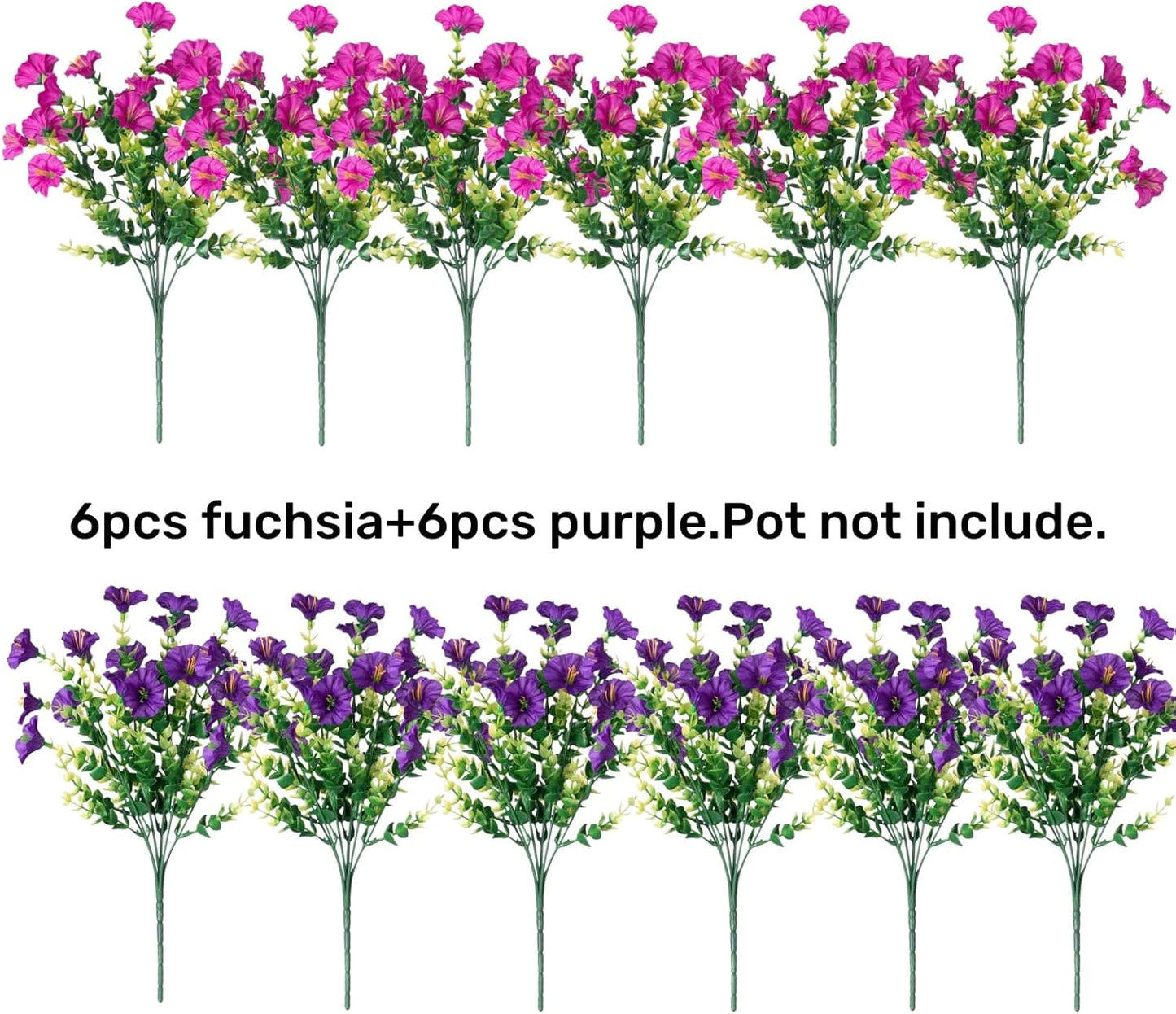 Artificial Flowers Fake Plants for Outdoors Decoration, 12 Bundles Silk Morning Glory with Eucalyptus Realistic UV Resistant Faux Flowers for Outside Planter Porch Yard Patio Garden Home Indoor, Mix