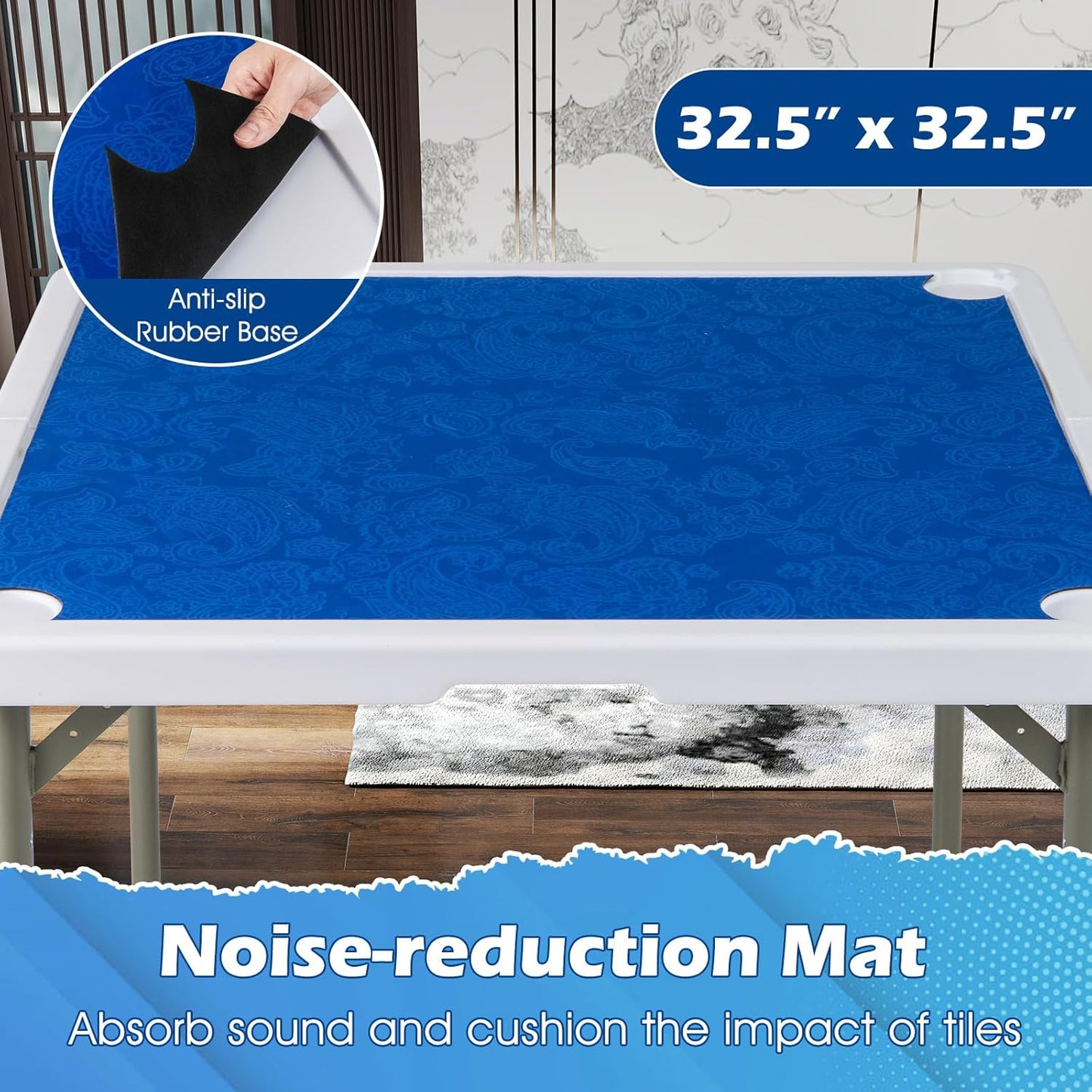 Giantex Folding Mahjong Table, 35" Square Card Table with Cup Holders, Removable Noise Reduction Mat, HDPE Tabletop, 4-Player Portable Domino Tables for Poker Blackjack Board Game (Dark Blue)