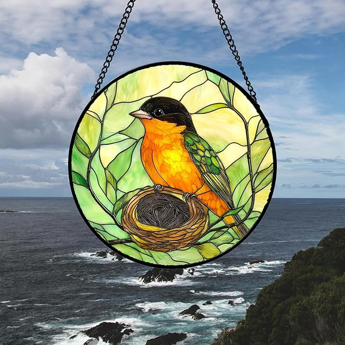 Stained Glass Window Hanging 4 Pcs Set Bird Theme On Branch 9.8" - Cardinal Suncatcher Door Garden Sun Catcher Decor Birthday Christmas for Mom Woman Nana Men