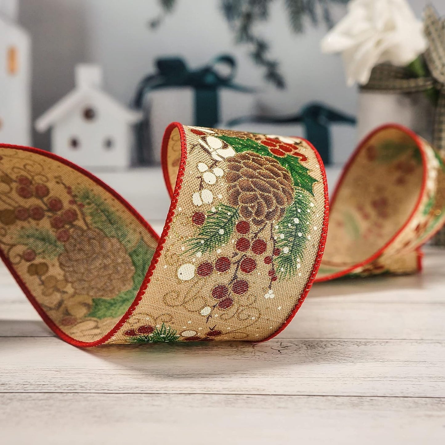 CT CRAFT LLC Tan Faux Jute Burlap with Pinecones Wired Ribbon 2.5 Inch x 10 Yards for Christmas Home Decor Tree Topper Bow Gift Wrapping DIY Crafts Wreath Garland