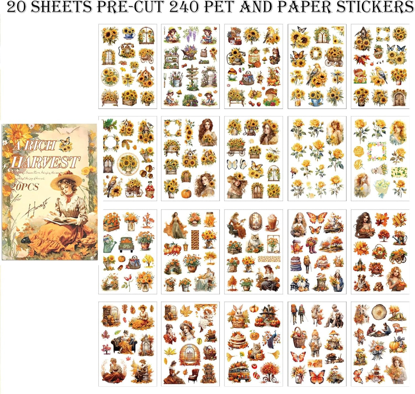 Scrapbook Stickers 20 Sheets 240 Pre-Cut Washi Stickers for Journaling PET Transparent Book Sticker Sunflower Sticker Decorative or DIY Paper Crafts, Arts and Crafting Projects