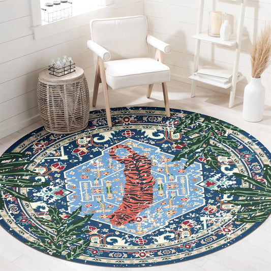Washable Blue Rugs Thin Oriental Boho Vintage Tropical Leopard 5ft Round Area Rugs for Bedroom Kitchen Dining Living Room Office Distressed Jungle Plants Indoor Entryway Circle Carpet