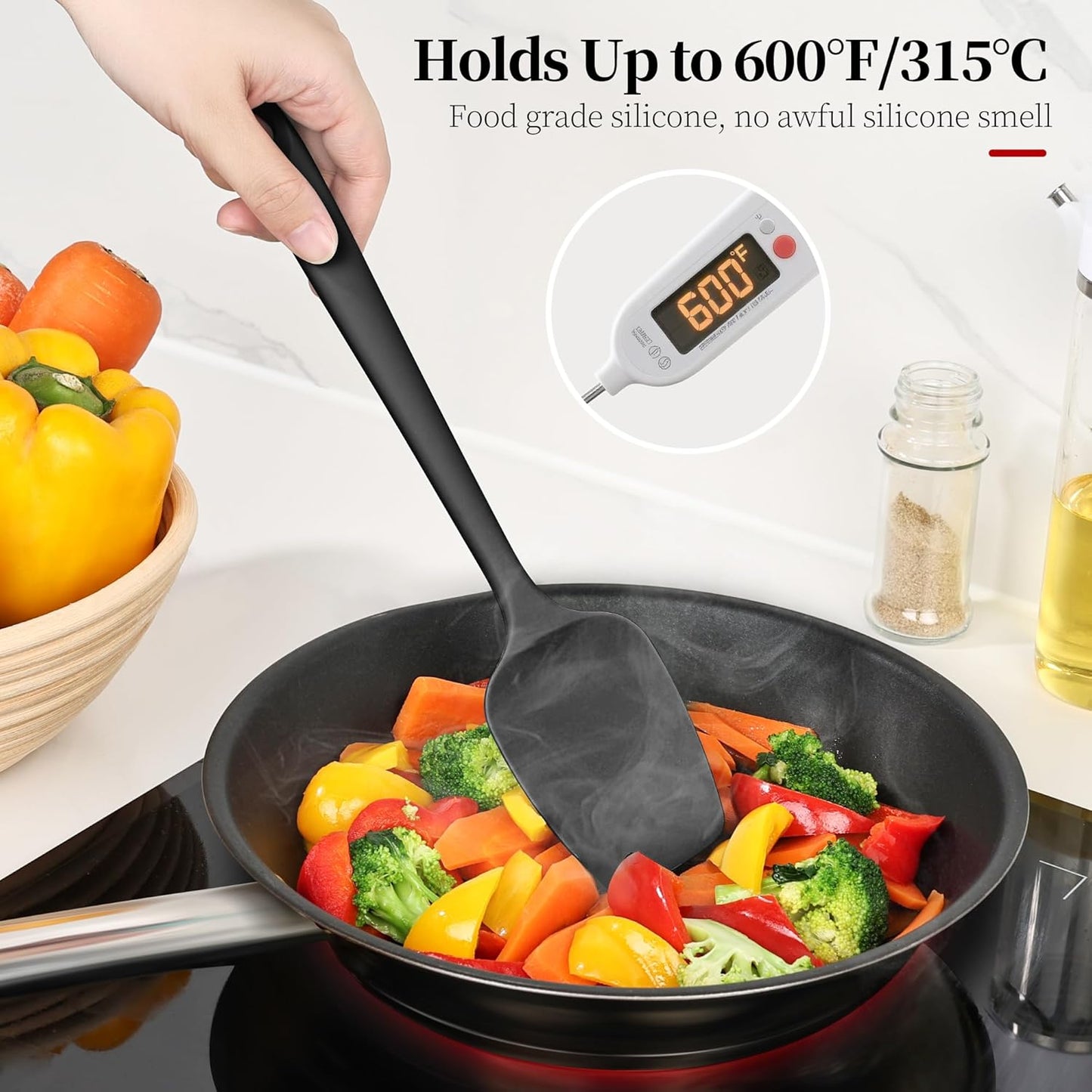 600ºF Heat Resistant Spatulas, High Heat Food Safe Semless Kitchen Silicone Scraper Set for Cooking Baking Mixing Scraping Stirring Nonstick Cookware Pan Bowl (3Pcs,Black)