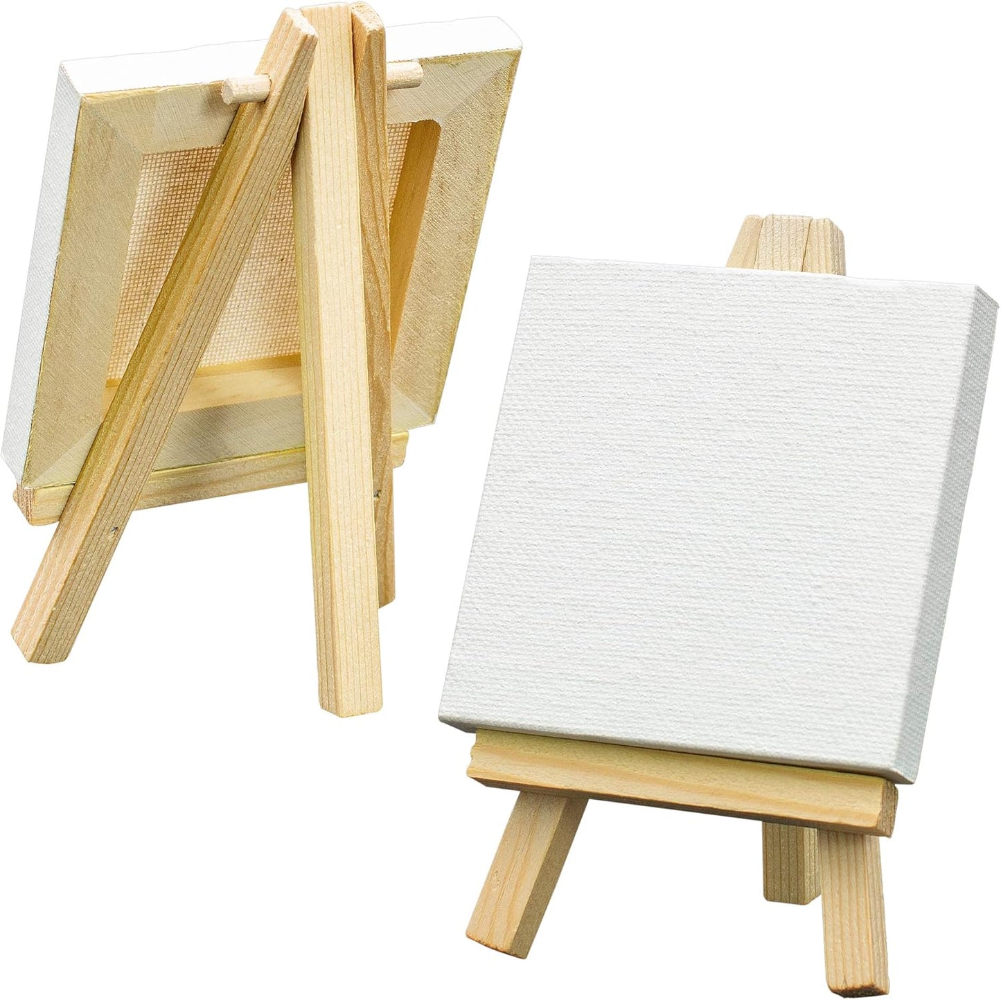 FIXSMITH 3x3 Inch Mini Stretched Canvas Easel Set- Bulk Pack of 12,Small Stretched White Blank Canvas Panels & Wood Easels for Painting Craft Drawing Decoration Gift Art Project DIY, Art Supplies