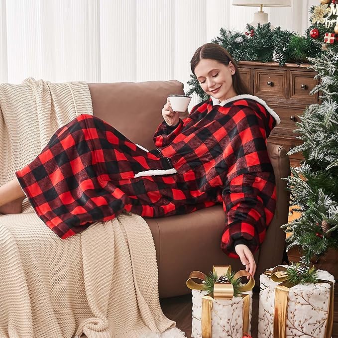 yescool Wearable Blanket Hoodie, Flannel Sherpa Fleece Blanket Sweatshirt for Adults Women Men,One Size Fits All