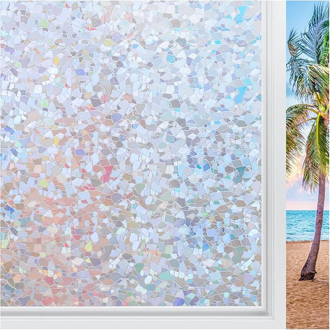 rabbitgoo Rainbow Window Privacy Film Decorative Stained Glass Diamond Pattern Window Sticker with Iridescent Tint Non-Adhesive Static Cling for Home Office Crystal Pattern, 17.5 x 118.1 inch