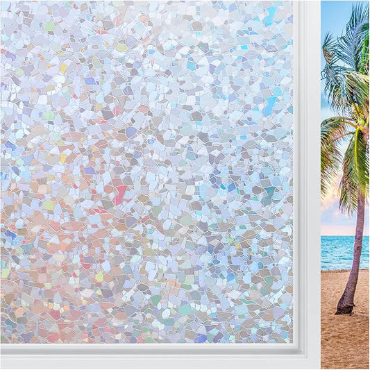 rabbitgoo Rainbow Window Privacy Film Decorative Stained Glass Diamond Pattern Window Sticker with Iridescent Tint Non-Adhesive Static Cling for Home Office Crystal Pattern, 17.5 x 157.4 inch