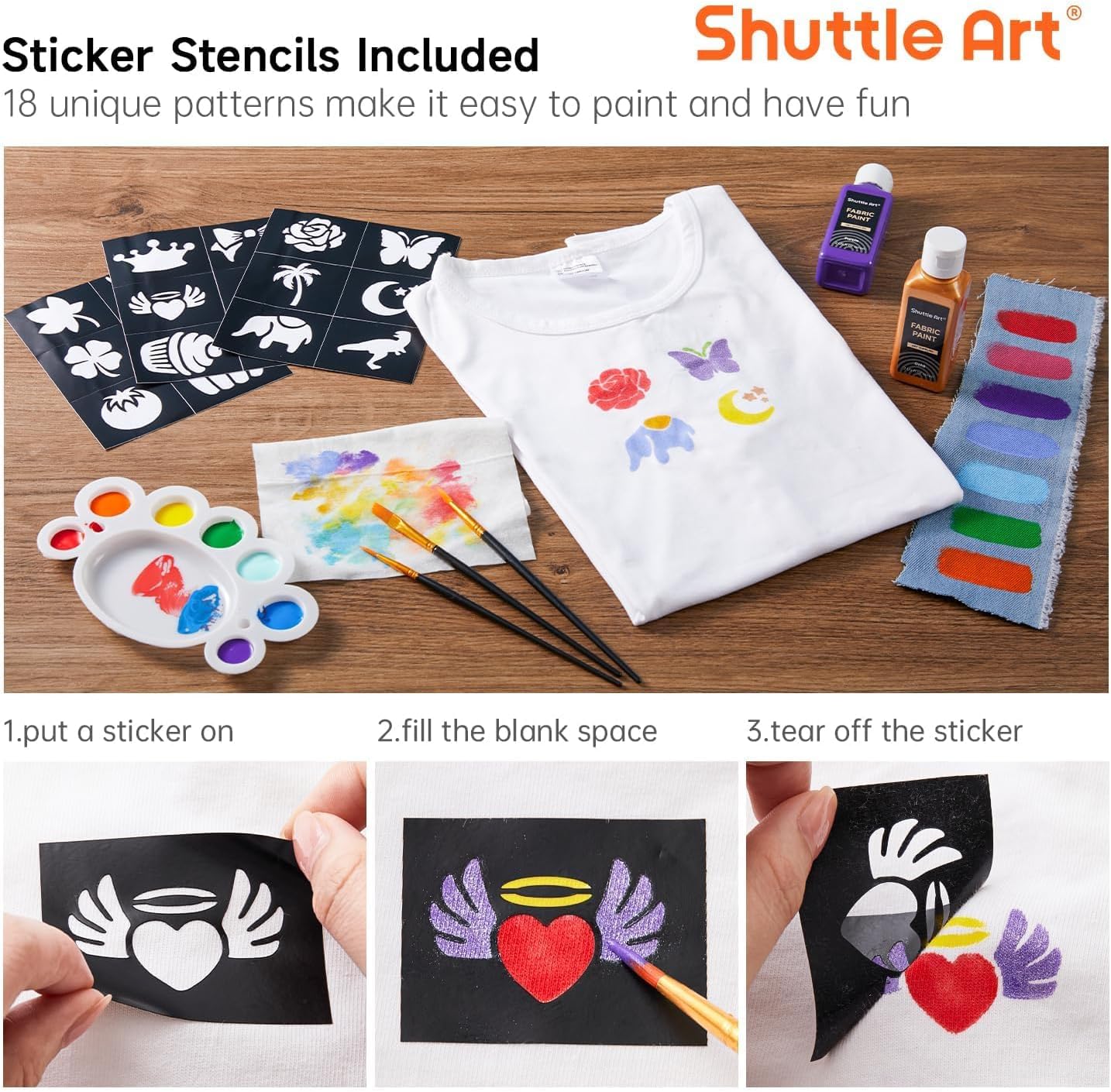 Shuttle Art Fabric Paint 24 Colors Permanent Soft Fabric Paint in Bottles (60ml/2oz) with Brushes &Stencils, Non-Toxic Textile Paint for T-Shirts, Shoes, Jeans, Bags, DIY Projects & Crafts
