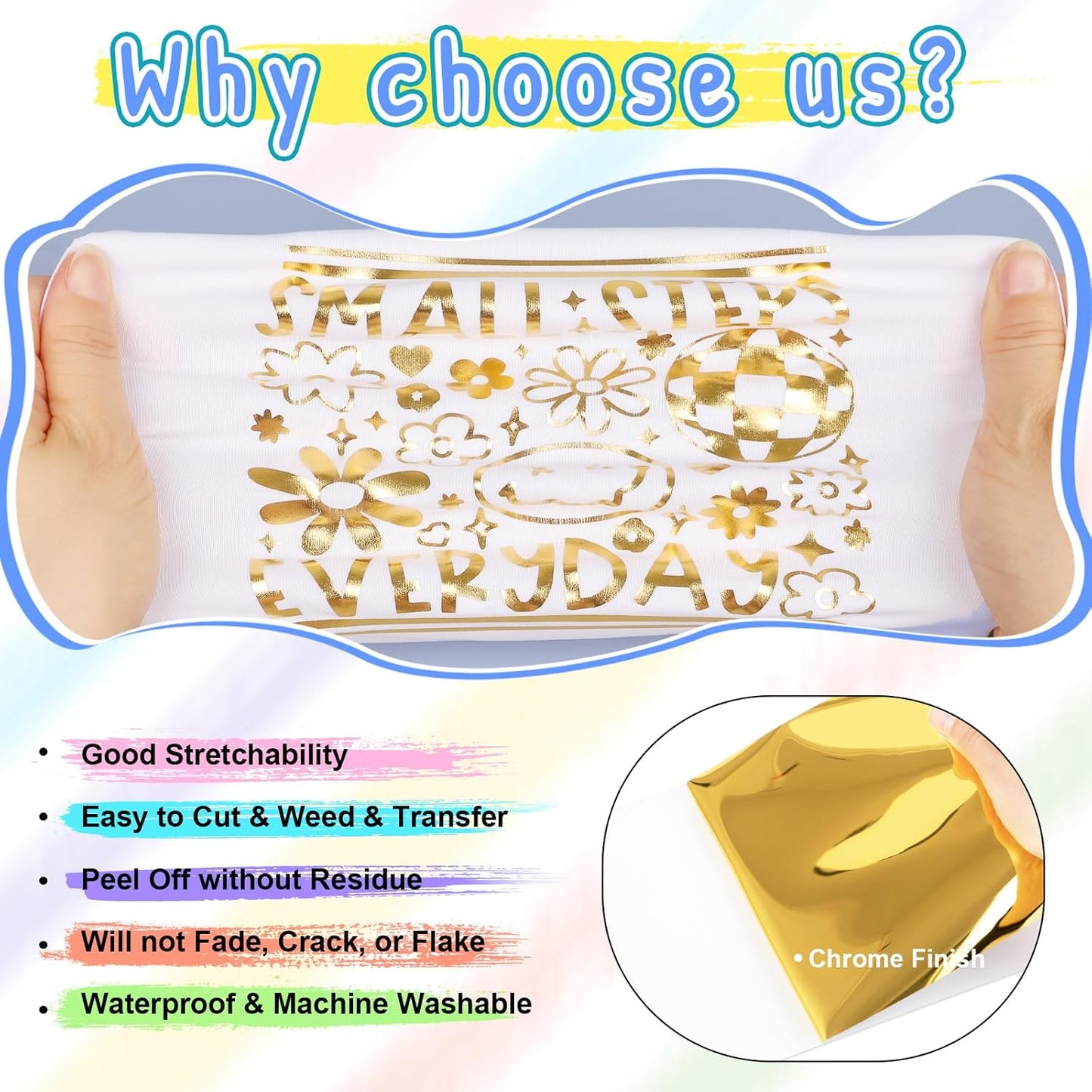 VINYL FROG Metallic Foil HTV Vinyl Roll 12" x12ft Gold Chrome Heat Transfer Vinyl Iron on Vinyl Easy to Cut & Weed DIY Heat Press Design for T-Shirts