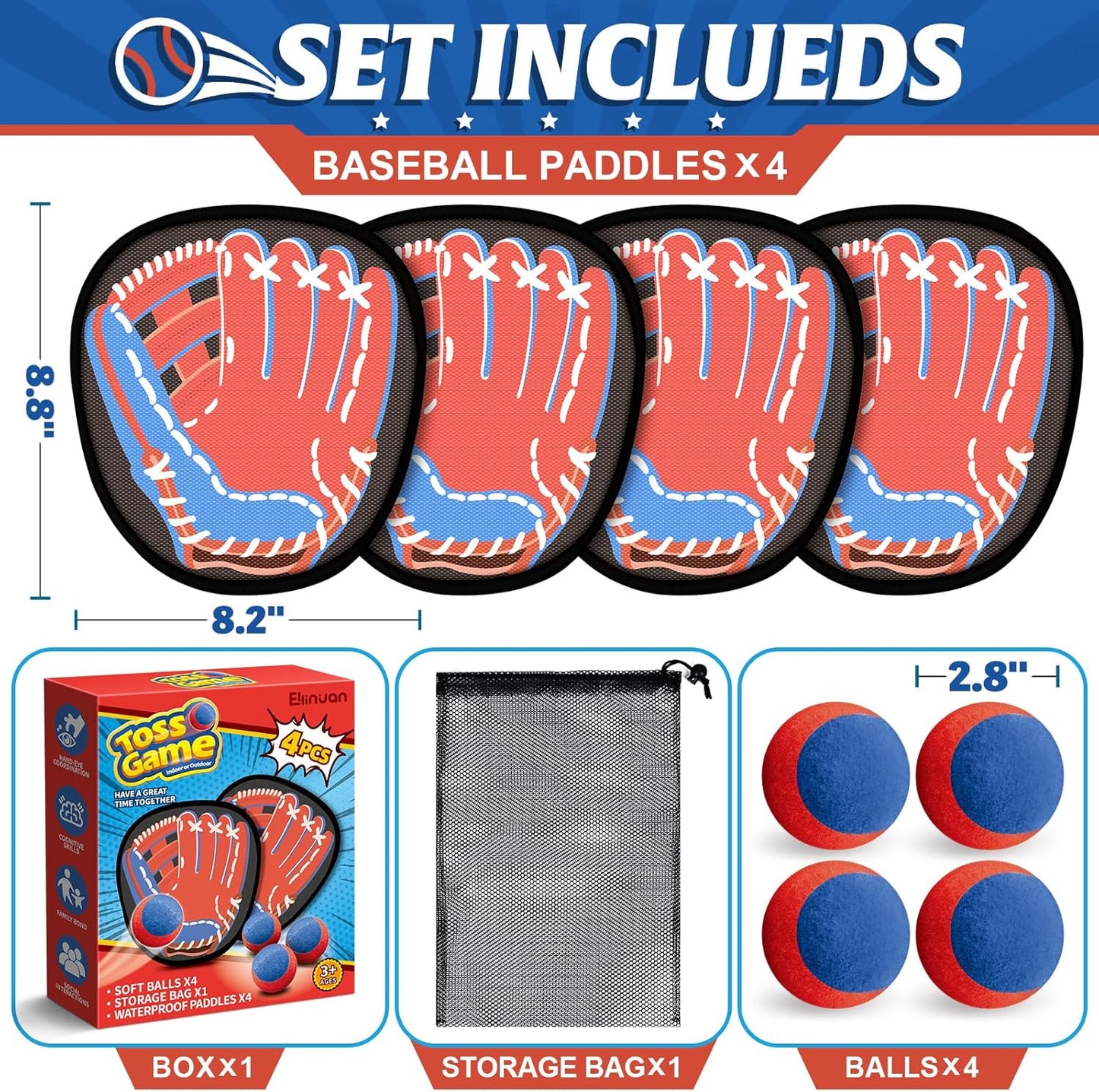 4 Packs Catch Ball Game Set, Baseball Training Glove, Outdoor Toys, Summer Beach Pool Yard Backyard Lawn Camping Sports Play Toy Games for Toddlers Kids Teens Adults Family Game, Fun Ideal Gifts