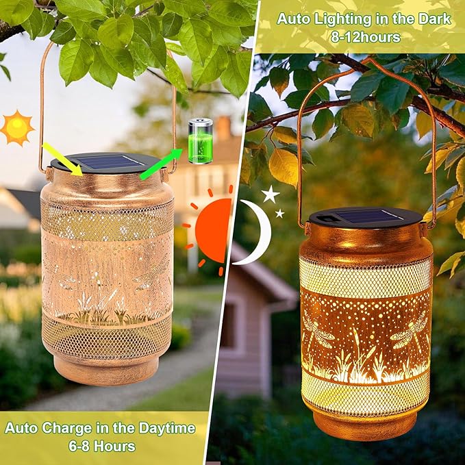 2 Pack Dragonfly Solar Lanterns Outdoor Waterproof Solar Garden Decor, Birthday Gifts for Women Mom Grandma, Metal Hanging Lights with Shepherd Hook for Outside Yard Patio Pathway Porch