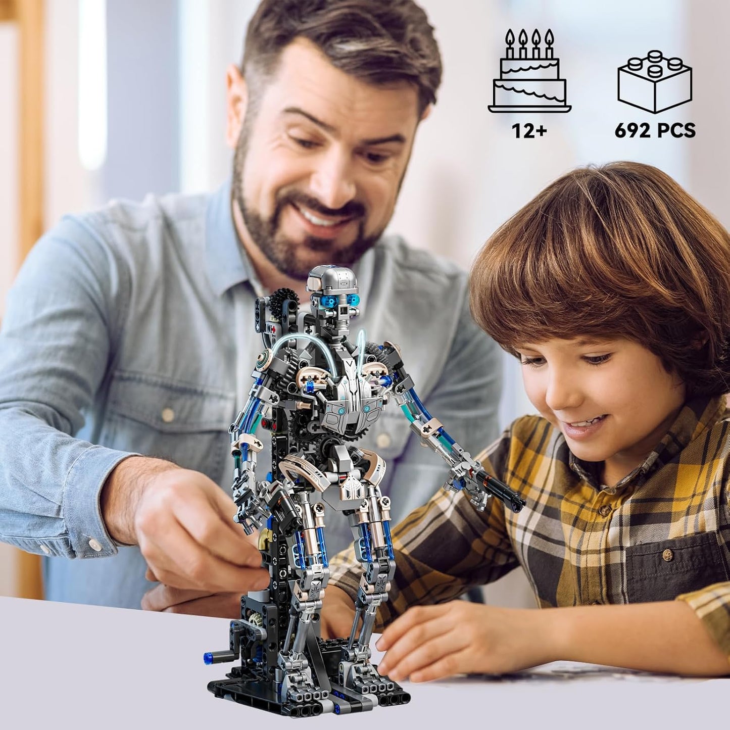 Mechanical Robot Model Set for Adults, Multi-Jointed Movement with Ice Blue Accents, Mechanical Programming with Display Stand, Favorite Gift for Adults Teens Age 13+（692 PCS(Robot)
