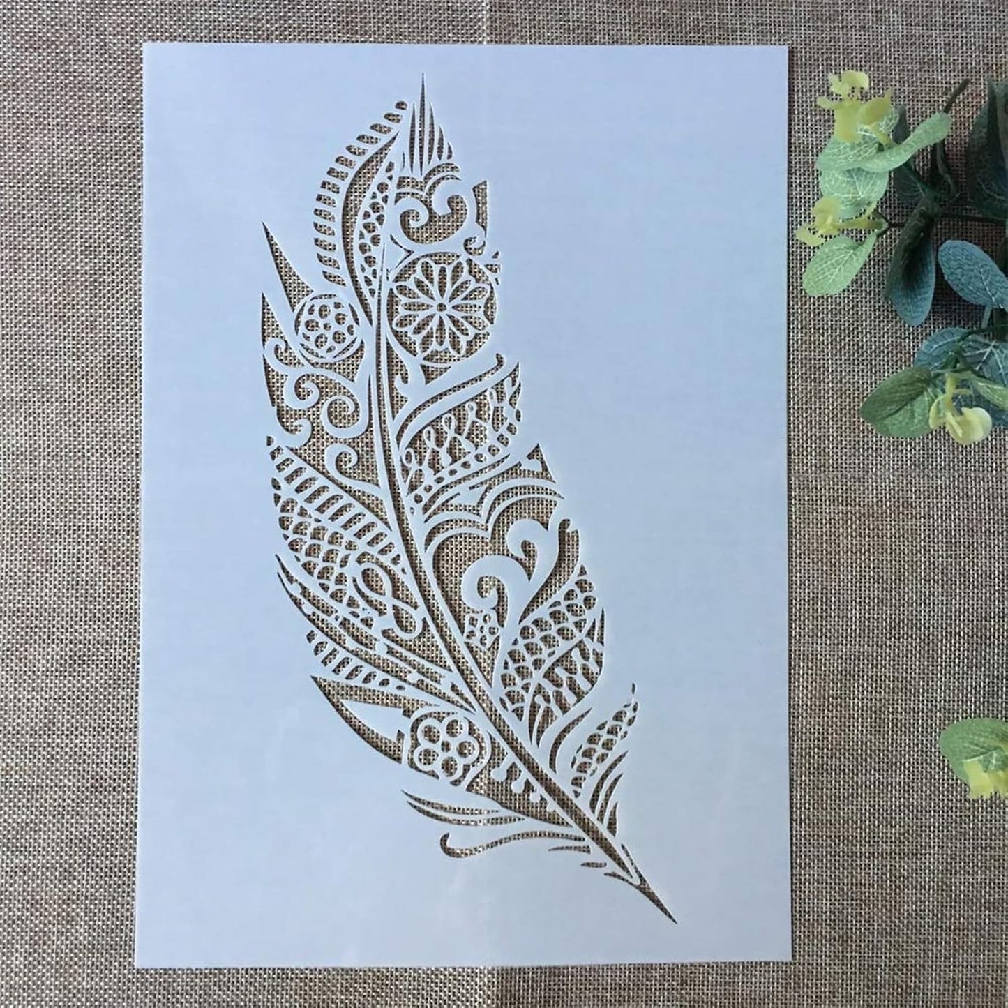 TIAMECH A4 Mandala Feather Stencil for Painting on Wood Reusable Big Feather Layering Stencil DIY Scrapbook Coloring Decorative Size 8.3 x 11.7inch Template