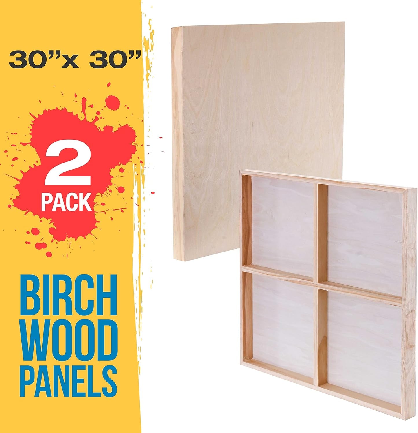 U.S. Art Supply Unfinished Cradled Wood Panels for Painting, 2 Pack of 30x30 inch - Gallery Birch Wooden Canvas Boards 1-1/2" Deep - Mixed-Media Craft, Acrylic, Oil, Encaustic, Paint Pouring