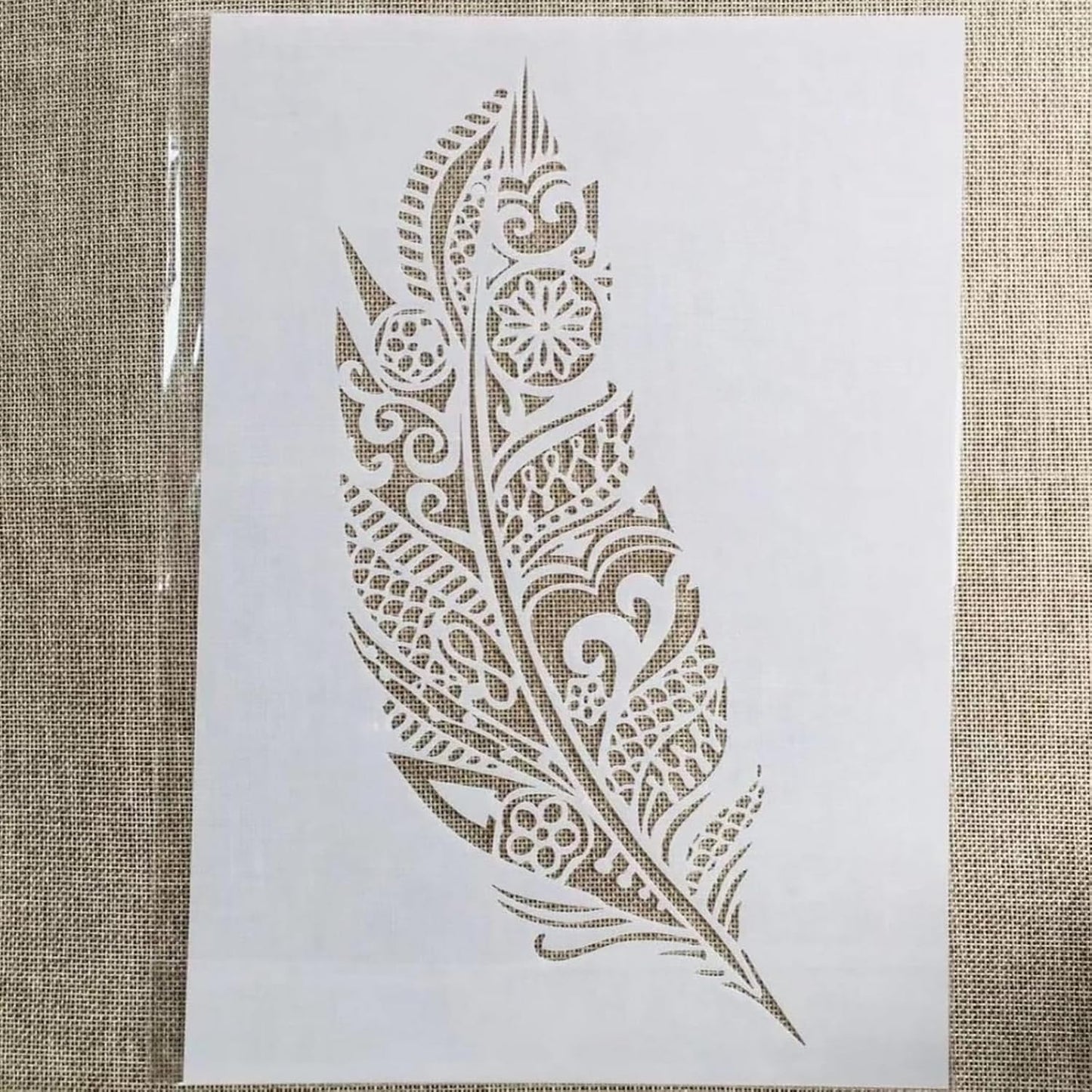 TIAMECH A4 Mandala Feather Stencil for Painting on Wood Reusable Big Feather Layering Stencil DIY Scrapbook Coloring Decorative Size 8.3 x 11.7inch Template