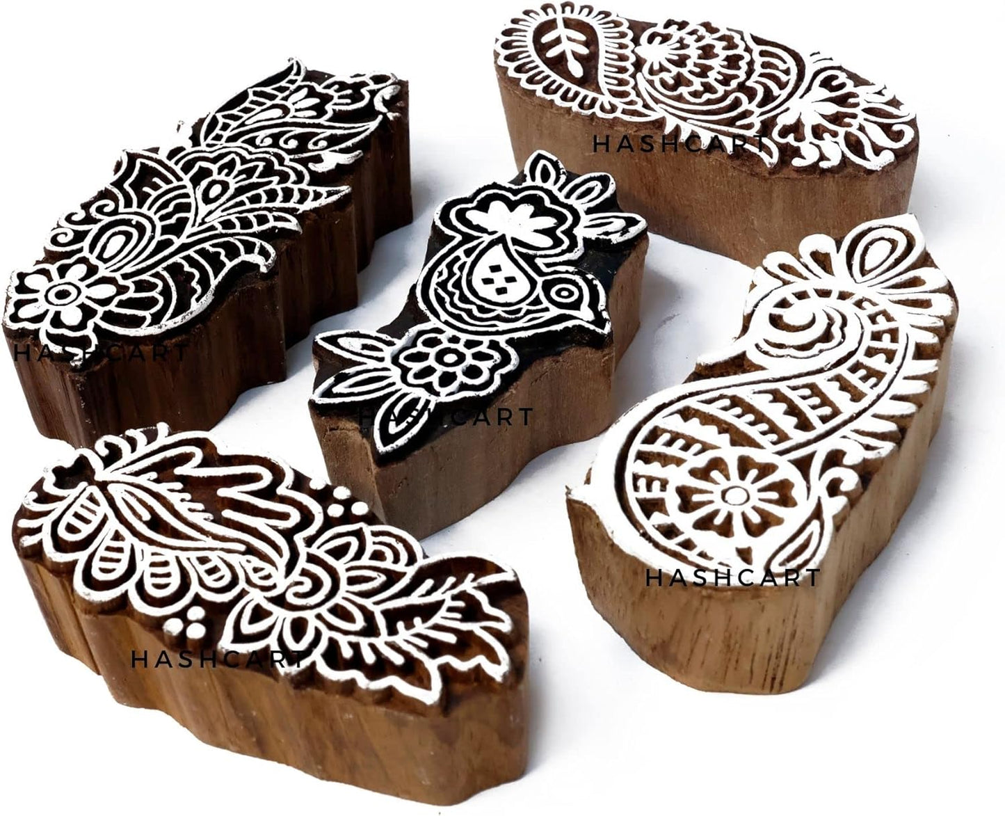 Wooden Stamps for Block Printing on Saree Border, Textile, Clay, Pottery, Tattoo Set of 5 - Handcrafted Block Printing Stamps for Kids' Art Projects HASHCART®