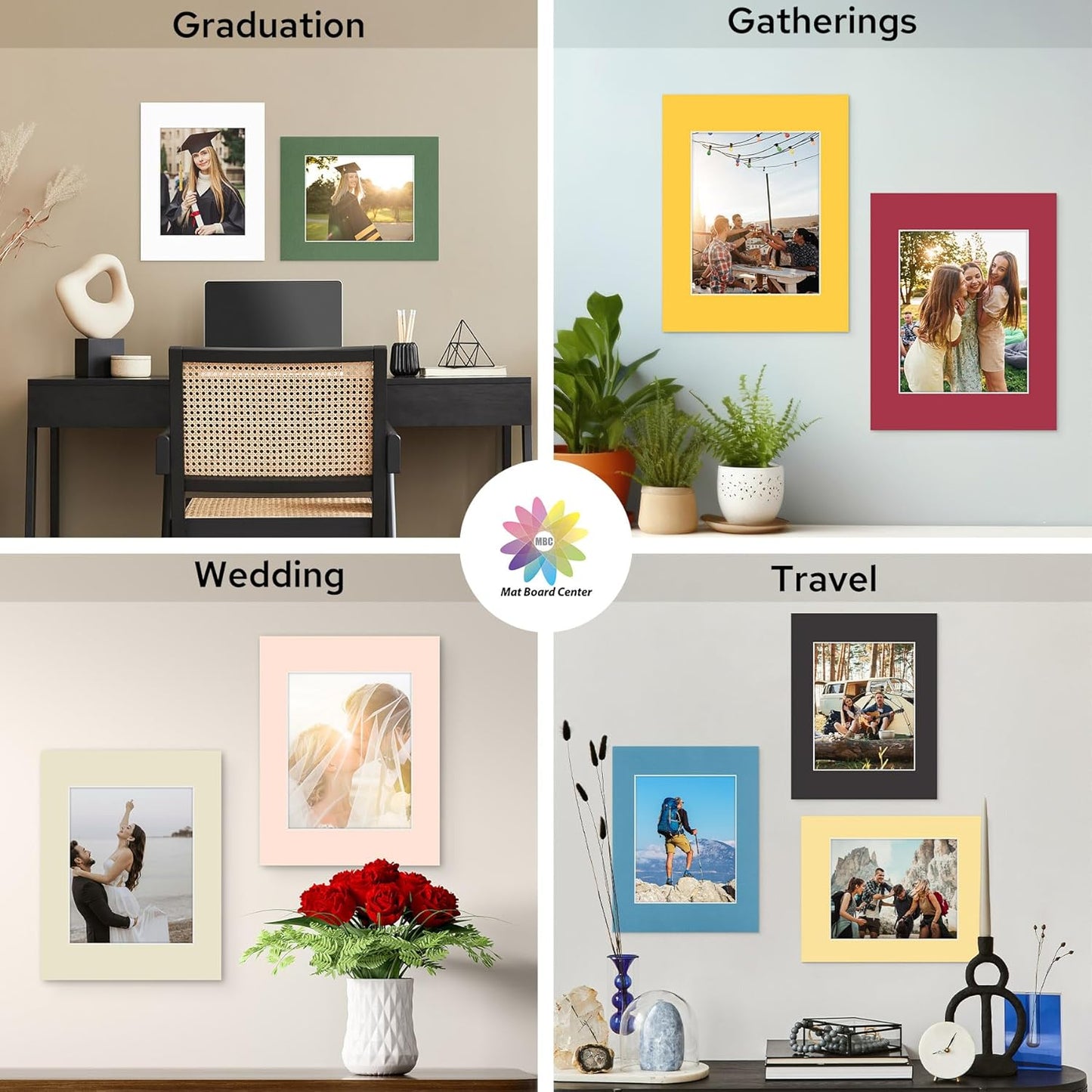 Mat Board Center, 11X14 Mix Color Mats for 8X10 Pictures - Acid Free, 4-Ply Thickness, White Core, Bevel Cut - for Artworks, Photos, Framing - Pack of 12