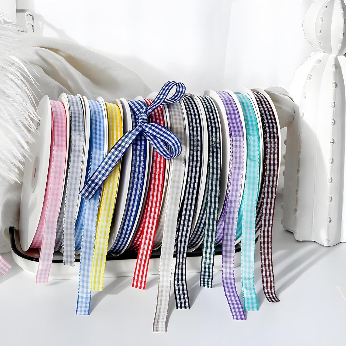 Classic Gingham Checkered Ribbon, Assorted Colors Premium Polyster Plaid Checkered Craft Ribbon for Gift Wrapping, DIY Projects, Hair Bows,Scrapbooking & Party Decor (Deep Khaki, 3/8x50Yd)