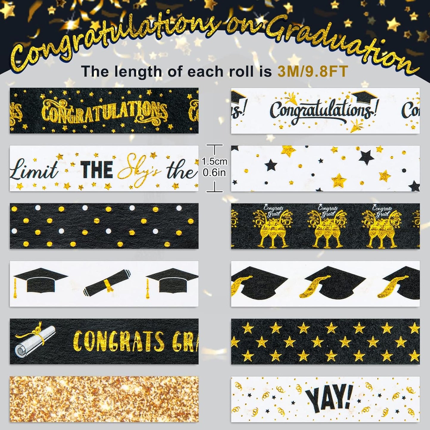 Whaline 12 Rolls Graduation Washi Tape Black Foil Gold 2025 Grad Washi Masking Tape Grad Cap Congratulations Decorative Paper Sticker for Graduation Scrapbook DIY Art Crafts Gift Wrapping